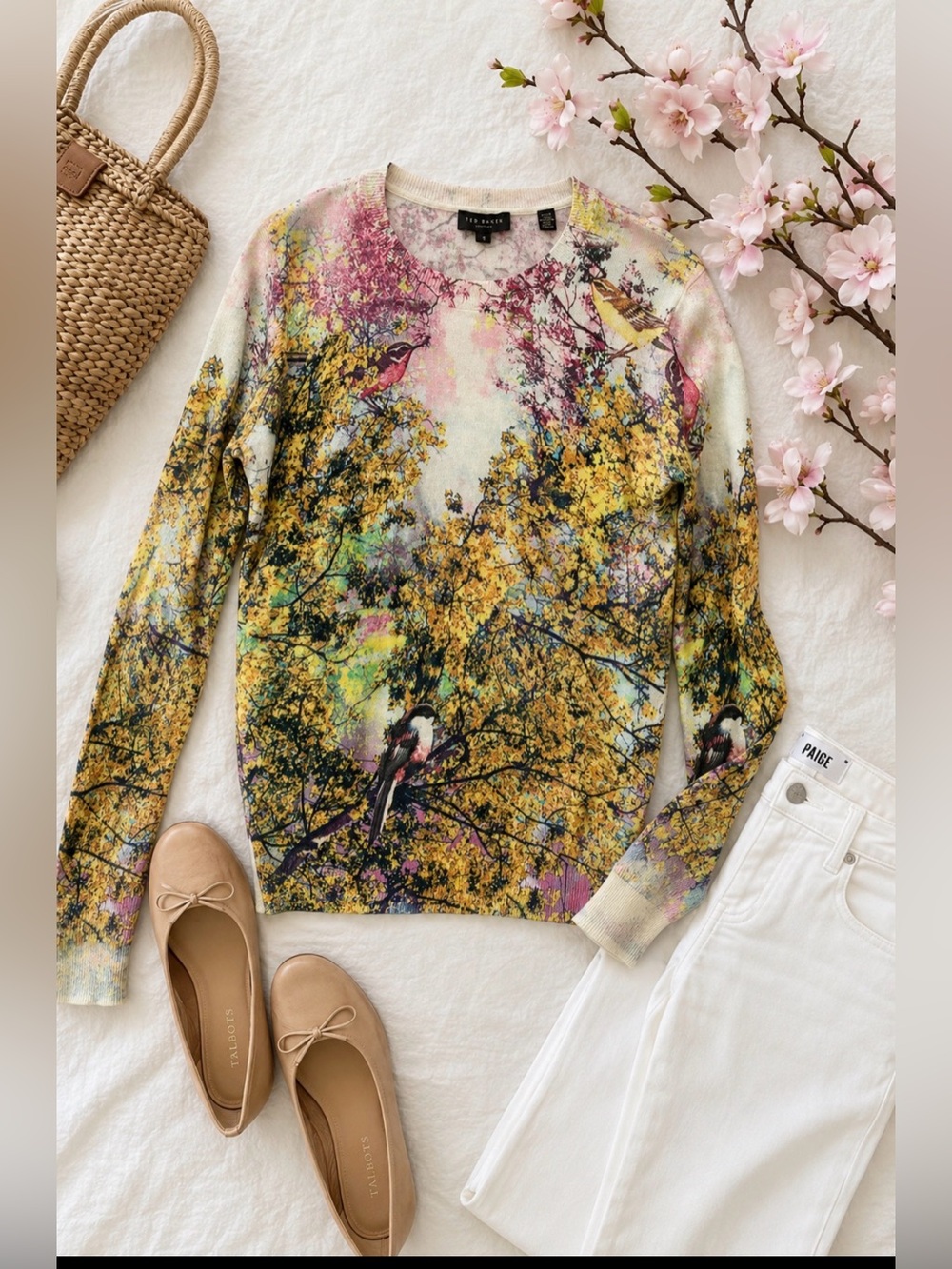 Ted Baker London Bird Floral Print Cotton Sweater Size 1 Small